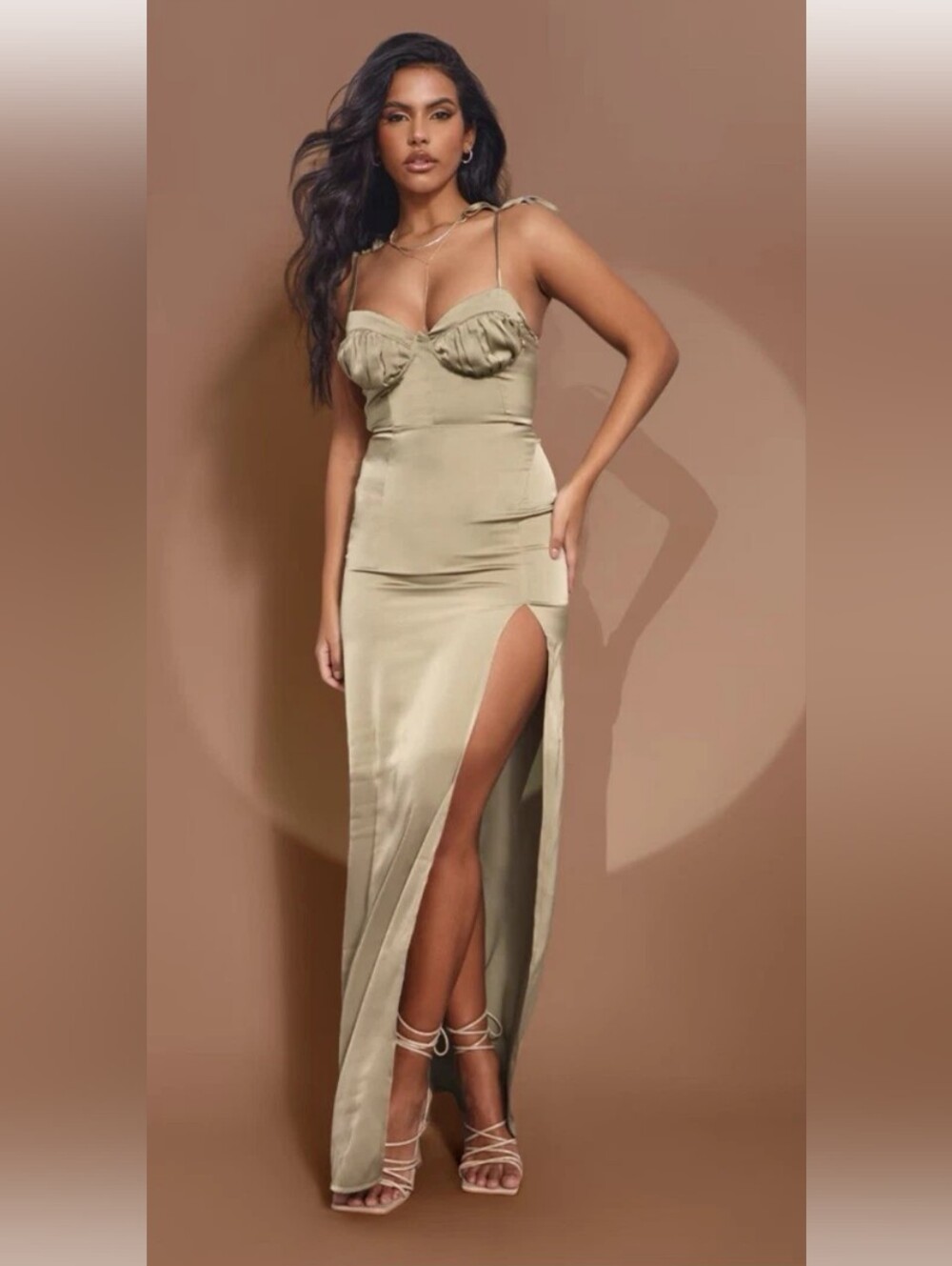 NWT PrettyLittleThing Sage Green Satin Maxi Dress | Self-Tie Straps | US 4